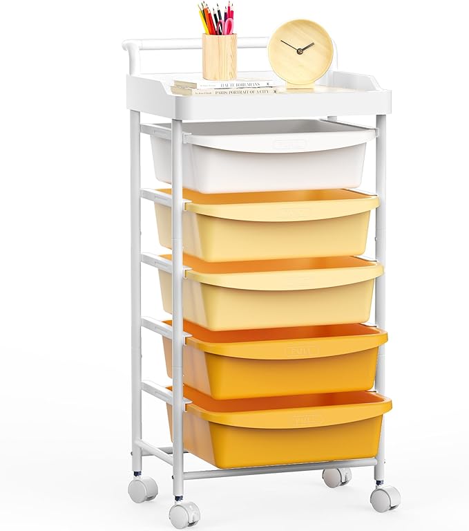 Five Drawer Rolling Cart, Craft Organizers and Storage for Home Office Classroom, Plastic Drawer Storage With Handle, Utility Cart With Removable Drawers for Tools, Toys and craft materials(Orange)