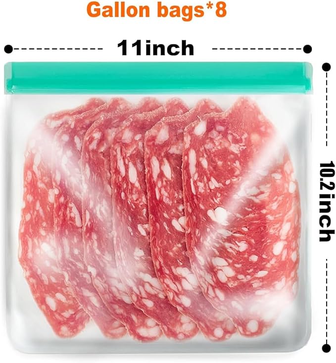8 Pack Reusable Gallon Freezer Bags Dishwasher Safe, BPA Free Reusable 1 Gallon Bags Silicone, Leakproof Storage Bags for Marinate Meats, Cereal, Vegetables, Home Organization(Green) | 11"W × 10"H