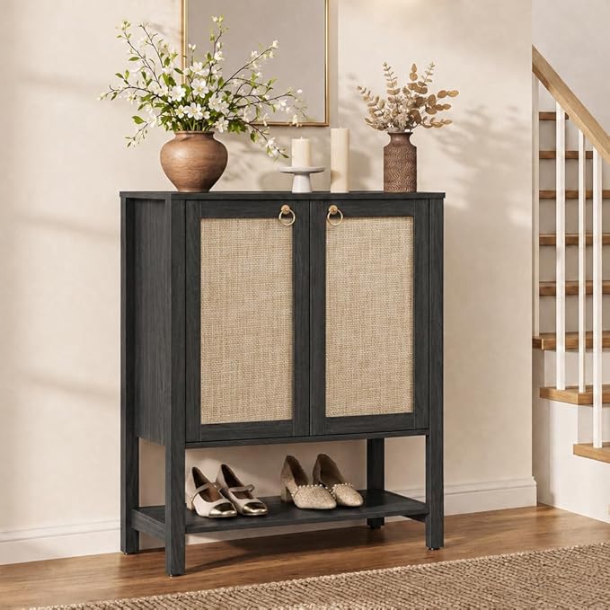 SICOTAS Rattan Shoe Storage Cabinet, 5 Tier Shoe Organizer with Doors and Shelves, 24 Pair Capacity Tall Farmhouse Boho Shoe Rack for Entryway Hallway Living Room Closet, Obsidian