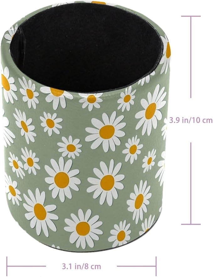 Light Green and Daisy Pen Holder Pencil Organizer for Desk, 3.1” x 3.1” x 3.9” Pencil Cup Office Supplies, Large Capacity Cute Pen and Makeup Brush Holder for Home, School, Desktop