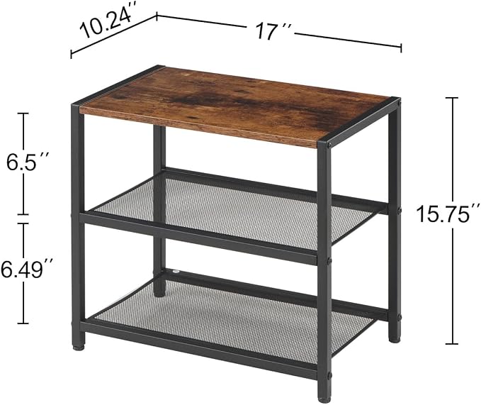 Small Narrow Shoe Rack for Entryway, 3-Tier Metal Wood Shoe Shelf | Shoe Storage Organizer, Holds 6 Pairs, Wooden Table Top, Mesh Shelves, for Front Door Entrance Closet Floor Hallway Bedroom
