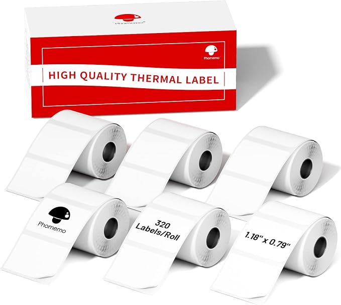Phomemo Sticker Labels 1.18" x 0.79" (30x20mm) 6 Rolls, for M110/M110S/M120/M200/M220 Printer - Black on White, for Small Business, Home, Office, Total of 1800 PCS