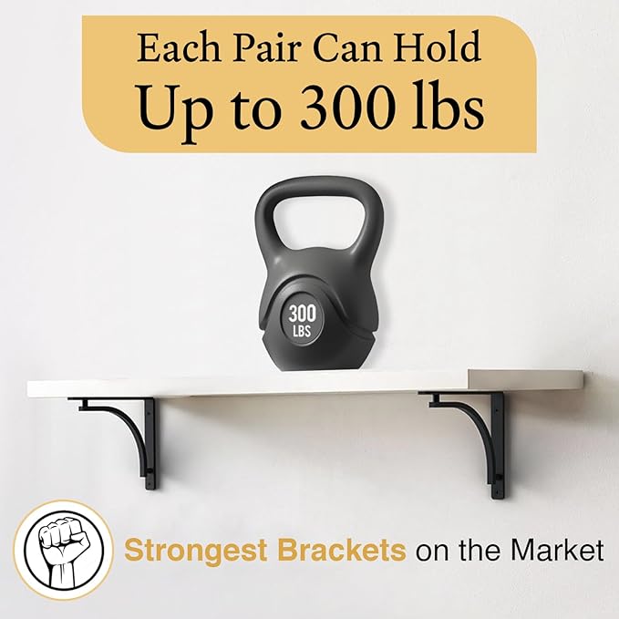 Classic Black Heavy Duty Shelf Brackets 8 inch by Balin Designs – L Bracket, Wall Mounted Support, Shelving Metal Bracket, Decorative Shelf Brackets, with Hardware Included, Set of 4