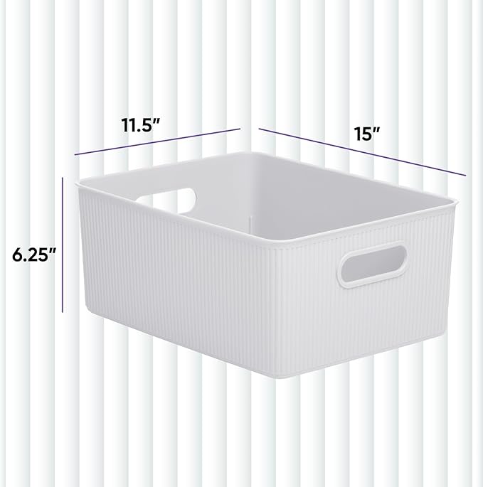 Superio Ribbed Collection - Decorative Plastic Basket Open Home Storage Bins Organizer, Large White (6 Pack) Container Boxes for Organizing Closet Storage Bins for Shelves 15 Liter/16 Quart