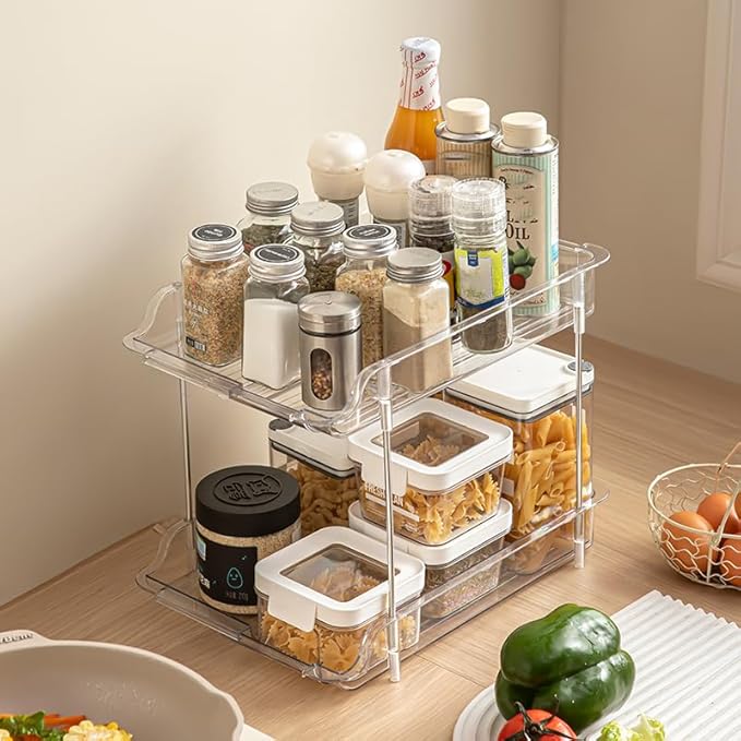 Expandable Cabinet Organizer Shelf, 2-Tier kitchen Counter Organization Shelves, Spice Rack,Clear Plastic Countertop Storage Rack for Makeup, Pantry, Cupboard, Bathroom, Desk Organization