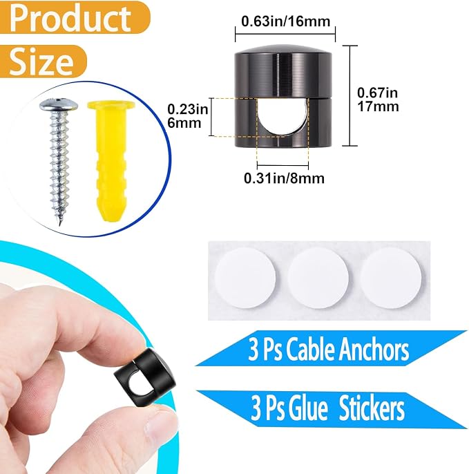 6 Sets Charger Cord Holder, Glossy Black Metal Adhesive Cable Management Clips,Adjustable Phone Cable Anchor Holders,Wire Organizer for Desk, Wall, Home, Office, nightstand, Dresser, Chandelier