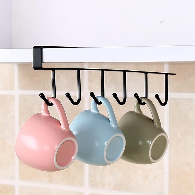 Under Cabinet Hook Rack 1 Pack, No Drill Under Cupboard Hanging Cup Holder, 6 Hooks Metal Utensil Hanger, Closet Cabinet Storage Organizer for Mugs, Kitchen Utensils, Scarves, Bags (Black)
