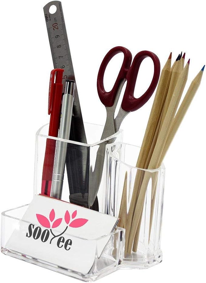 Sooyee Acrylic Desk Supplies Cosmetic Organizer Holder, 3 Compartment Office Desktop Caddy, Multi-function Pen Pencil Cup Phone Remote Control Stationery Storage Box for Home, School, Classroom, Clear | Acrylic Desk Supplies Cosmetic Organizer Holder, ...