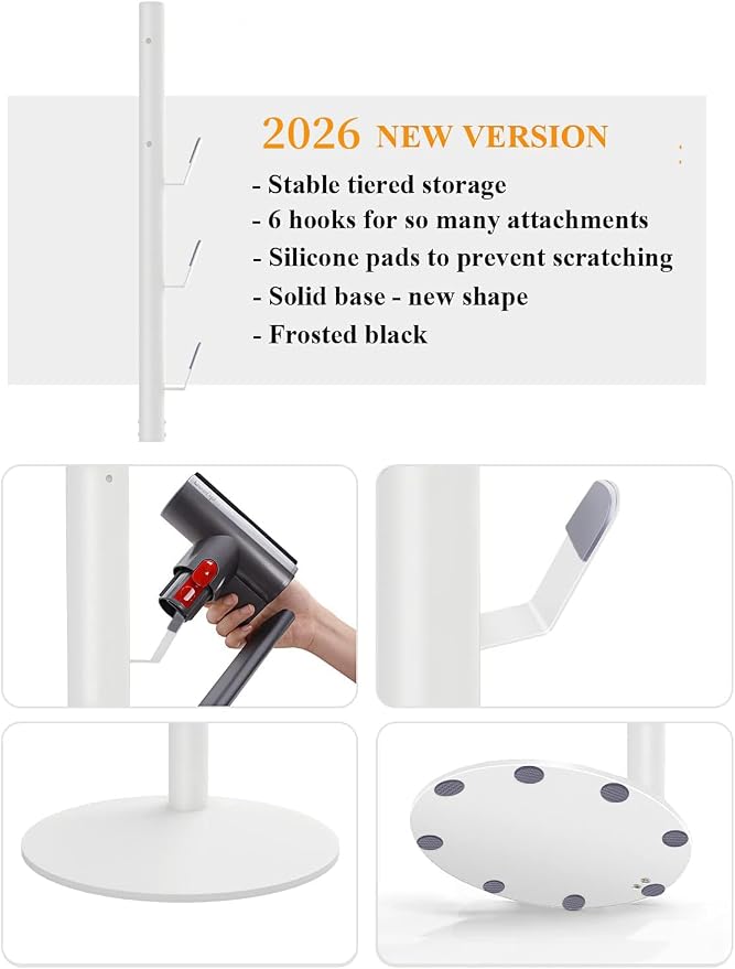 XIGOO Dyson Vacuum Stand for Gen5 Detect V15 V12 V11 V10 V8 V7 V6 | Vacuum Stand for Dyson Cordless Vacuum Cleaners and Accessory, Heavy-Duty Metal Bracket Holder with 6 Hooks, White