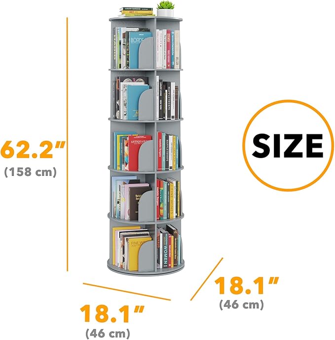 SpaceAid 5 Tier Rotating Bookshelf Tower, Spinning Bookcase Lazy Susan, Revolving 360 Book Shelf Storage Round Carousel, Vertical Rotate Turning Spiral Corner Organizer, Gray