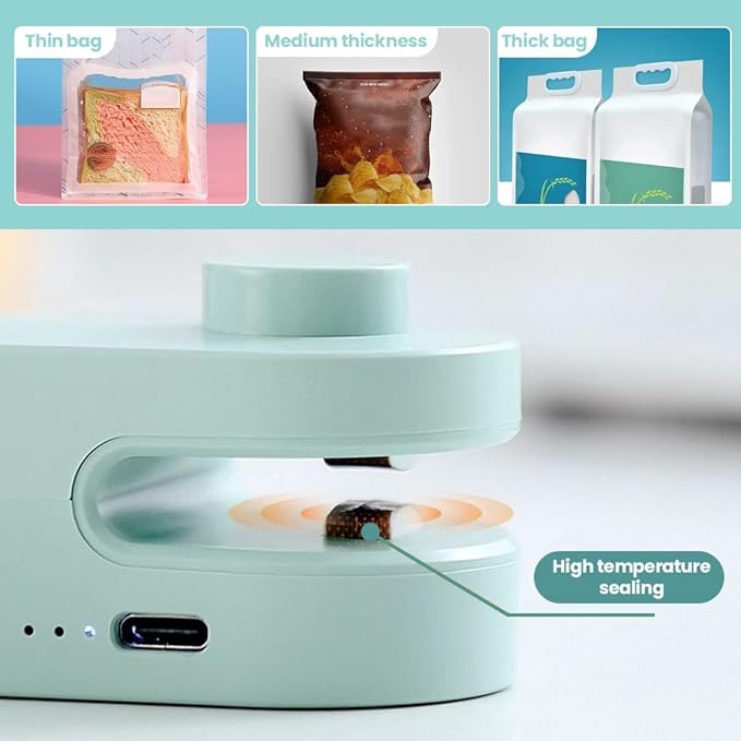 New Mini Bag Sealer with Cutter - USB Rechargeable Chip Bag Sealer, Heat Seal Portable Resealer for Snacks & Food Storage (White+Green, 2pcs)