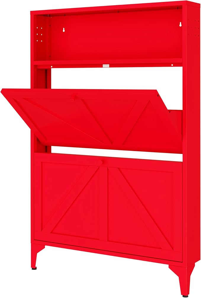 Shoe Cabinet with 2 Flip Drawers and Open Top Space-Metal Narrow Shoe Rack for Entryway,Hallway,Living Room-Hidden Metal Shoe Cabinet-Freestanding Shoe (2 Door, red)