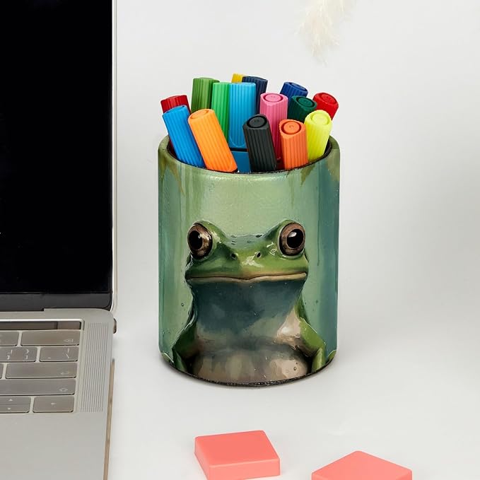 Retro Frog Pen Holder Pencil Organizer for Desk, 3.1” x 3.1” x 3.9” Pencil Cup Office Supplies, Large Capacity Cute Pen and Makeup Brush Holder for Home, School, Desktop