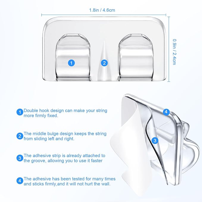 Hetyue Hooks for Outdoor String Lights Clips: 26Pcs Heavy Duty Light Hook | Outside Clear Cord Holders with Waterproof Adhesive Strips - Sticky Clip for Hanging Christmas Lighting Outdoors