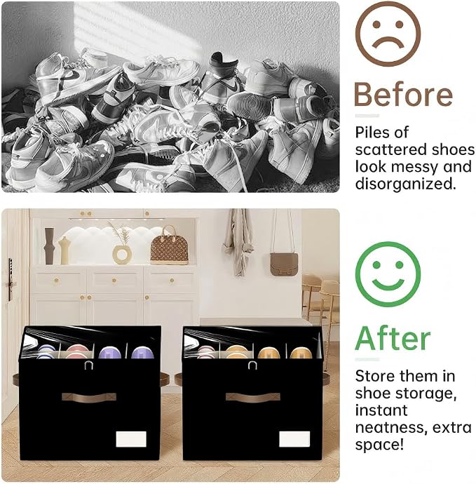 Shoe Organizer for Closet, 2 Pack Foldable Shoe Storage Containers, Fits up to 16-32 Pairs, Shoe Storage Organizer Box Cubby Baskets Bins with Clear Cover and Reinforced Handles, Black