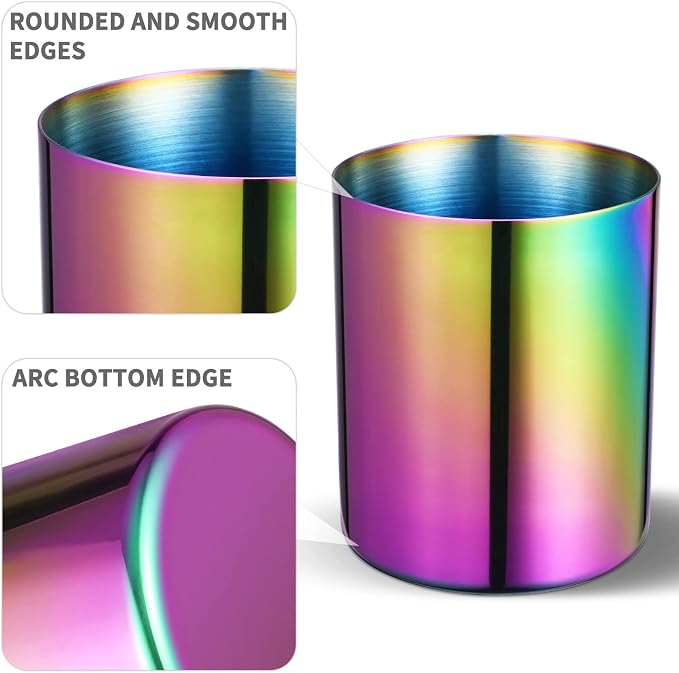 Aurora Rainbow 304 Stainless Steel Pen Holder & Pencil Cup, Metal Desk Caddy & Desktop Stationery Organizer, Mirror Finish & Vacuum Plating(2-Piece Set)