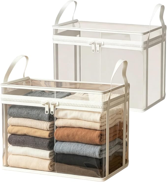 Large Clear Thick Plastic Storage Box with Hinged Lid, Heavy-Duty Durable High Capacity Organizer, Foldable Storage Box,Perfect for Home, Camping, Travel, Attic & Moving (White-L-2)