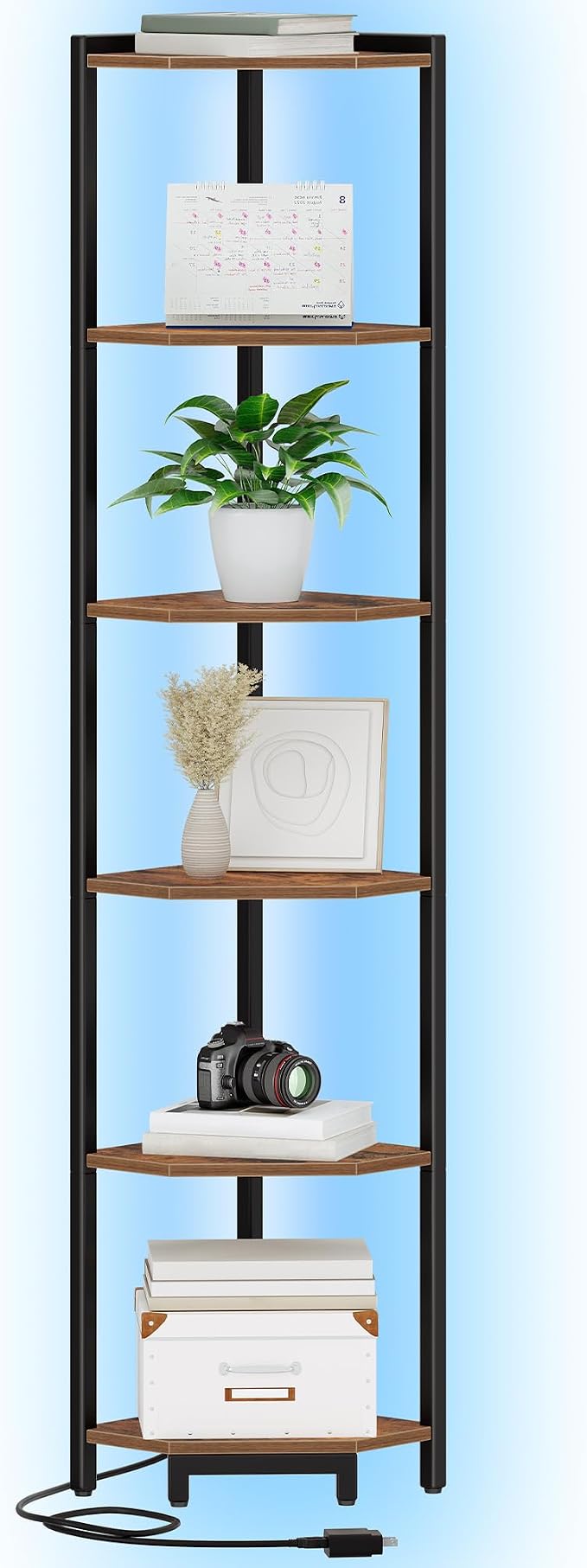 Hzuaneri Corner Shelf with LED Light 6 Tier Corner Bookshelf Standing Shelf | Tall Narrow Display Bookcase with Metal Frame for Small Space, Living Room, Home Office, Bedroom, Rustic Brown CS66601B