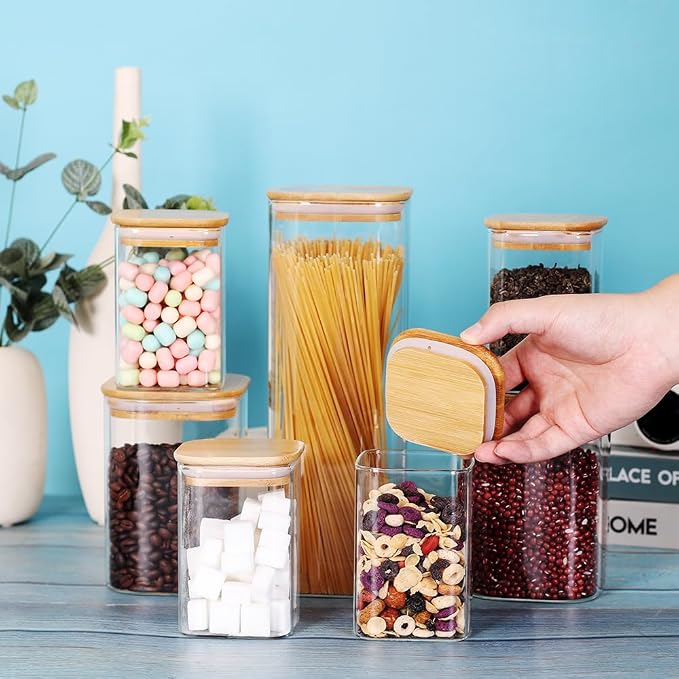 LEAVES AND TREES Y Glass Storage Canister with Wooden Lid, Set of 7 Square Glass Jars with Bamboo Lids, Glass Food Storage Containers for Pasta, Cereal, Flour, Sugar, Best for Kitchen & Pantry