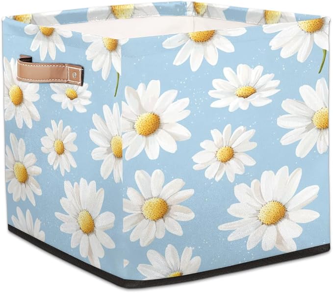TropicalLife Floral Daisy Storage Cube, 13 Inch Fabric Cube Storage Organizer Bin for Shelves Clothes, Decorative Foldable Storage Boxes