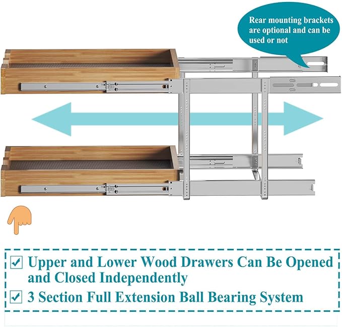 OCG 2 Tier Pull Out Cabinet Organizer (20"W x 21"D), Heavy-Duty Slide out Wood Drawer Shelf, Pull Out Drawer for Cabinets, Base Cabinet Organization for Kitchen, Pantry, Bathroom