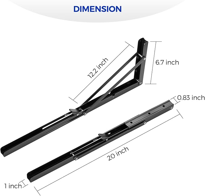 Ravinte Matte Black Folding Shelf Brackets, 20 Inch, 2 Pack | Collapsible Bracket Design, Table And Bench Support, Space-Saving Shelf Setup, For Worktops, Laundry Rooms, Garage Projects