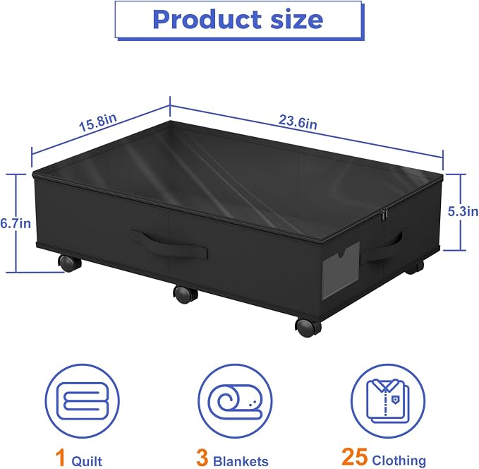 Babenest 4-Pack Under Bed Storage Organizer with Clear Zippered Lid, Foldable Rolling Underbed Drawers on 6 Wheels, Space Saving Clothes, Shoes, Toy Storage for Bedroom, Dorm, Closet