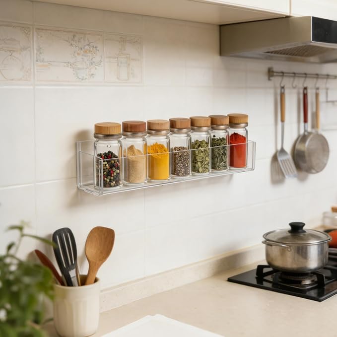 ASelected 4 PCS Acrylic Spice Rack for Wall, 12inch Adhesive Spice Rack Wall Mount, Walls Mounted Spices Racks Organizer for Kitchen, Cabinet Door, Cupboard
