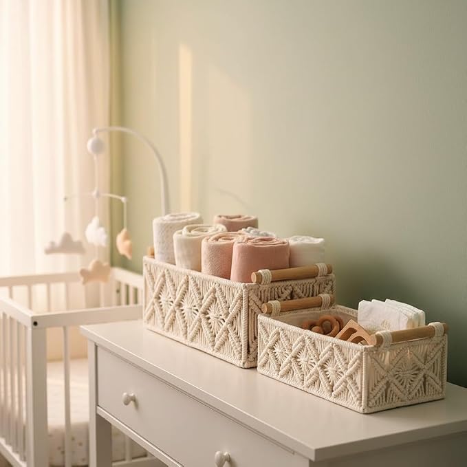 Macrame Storage Basket Boho Decor Baskets for Organizing Woven Decorative for Countertop Toilet Paper Basket for Tank Top for Home Decor Bedroom Nursery Livingroom Entryway (Set of 2)