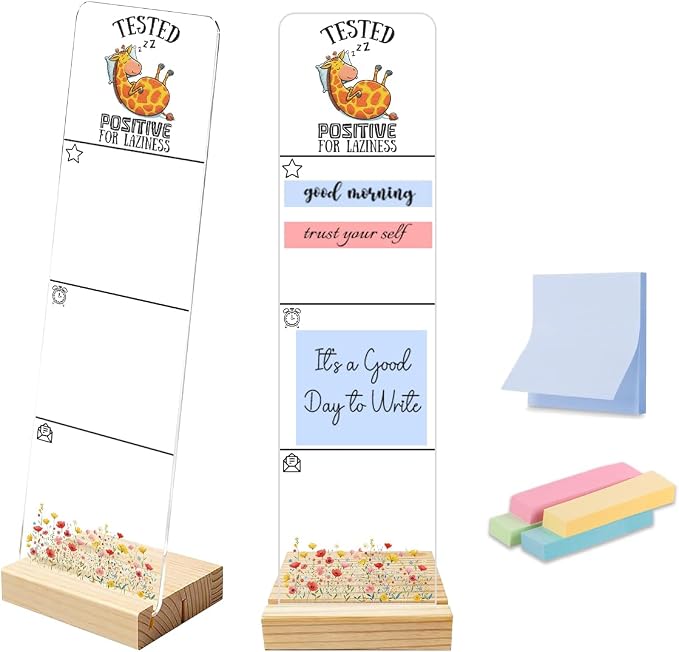 Sticky Note Holder, Monitor Memo Board, Acrylic Post It Note Holder with Wooden Base, Includes 200 Notes, Desk Organizer, Funny Giraffe Quote “Tested Positive for Laziness”
