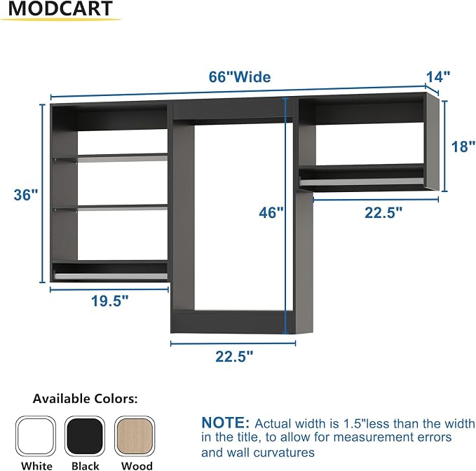 Modular Closet, 66" Wide Organizer with Hanging Shelves, Wood Tower Closet Storage, Wall-Mounted Wardrobe Organizer Kit in Black