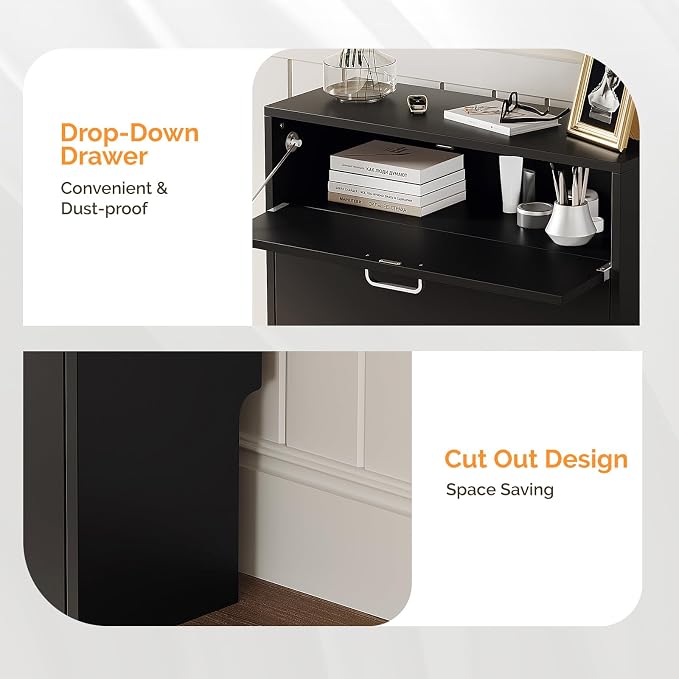 VINGLI Set of 2 Black Shoe Cabinet Storage for Entryway, 2-Pack Ultra Slim Shoe Organizer with 2 Flip & 1 Drop-Down Drawers, 24.8" W Narrow Shoe Cabinet, Modern Black Wood Shoes Rack for Hallway