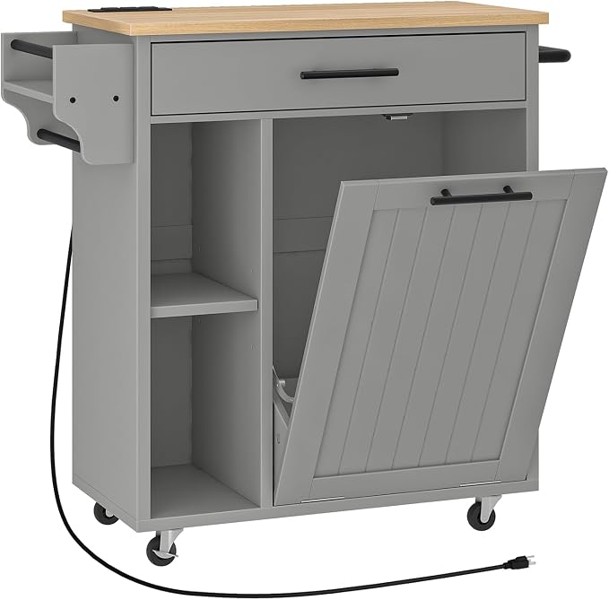 HOOBRO Kitchen Island with Trash Can Storage, Rolling Kitchen Island on Wheels, Mobile Island Cart with Power Outlet, Islands Table for 10 Gallon Garbage Bin, White and Grey GN80UZD01G1