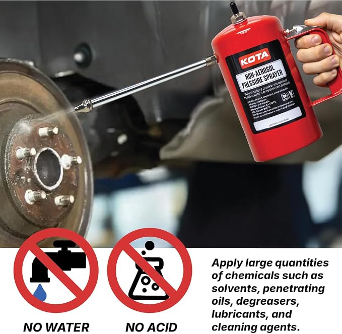 LAUCO Non Aerosol Pressure Sprayer with Funnel and Extension, Refillable Pressurized Sprayer Bottle for Oil, Solvent, Degreasers, Lubricants - Rechargeable Steel Canister and Brass Nozzles, 32oz 69532