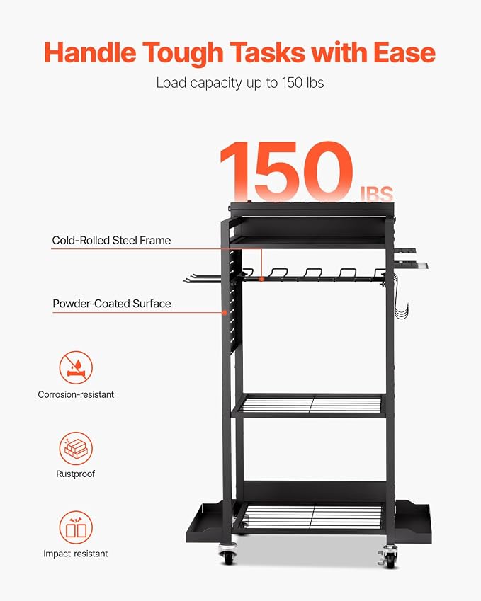 VEVOR 4-Tier Tool Organizer Cart with Charging Station, 8 AC Outlet, Floor Stand Rolling Drill Holder and Tool Battery Storage Rack on Wheels, Garage Floor Rolling Storage Cart for Workshop, Garage