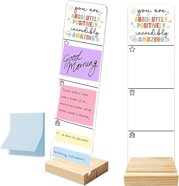 Sticky Note Holder, Monitor Memo Board, Acrylic Post It Note Holder with Wooden Base, Includes 100 Notes, Positive Affirmation Desk Organizer, Inspirational Quote “Positively Incredibly Amazing”