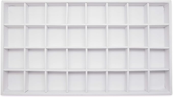 The Display Guys - Stackable Jewelry Tray and Organizer - for Drawers, Dressers, Store Display (32 Compartments, White Leatherette)