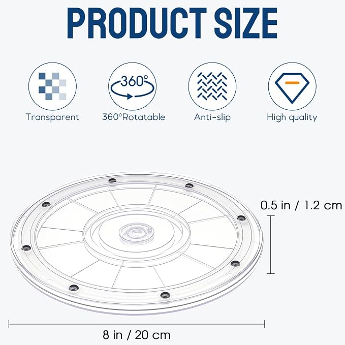 8" Acrylic Clear Lazy Susan Turntable | Steel Ball Bearing for 360-Degree Rotation,Durable Plastic Turntable for Tables Top,Cabinets,Spice Racks