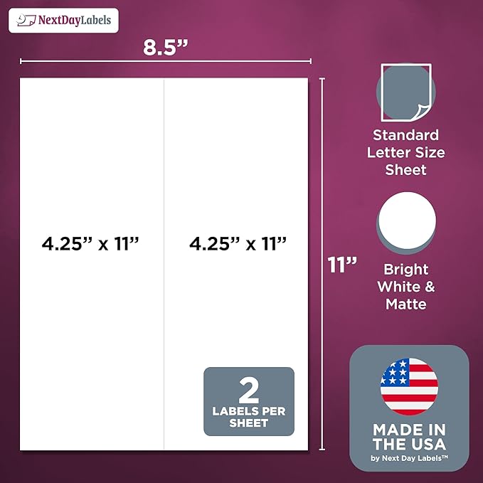 NextDayLabels 4.25x11 Inch Rectangle Stickers White Blank Labels for Laser Inkjet Printer - 2 Per Sheet Self-Adhesive Shipping Packaging Product Made in USA - 50 Labels
