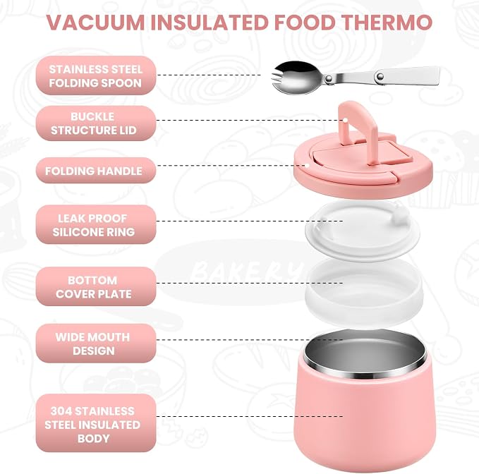 Itslife 14oz Vacuum Insulated Soup Thermo for Hot Food, Kids Lunch Container with Leakproof Buckle Lid, Wide Mouth Stainless Steel Food Jar with Spoon