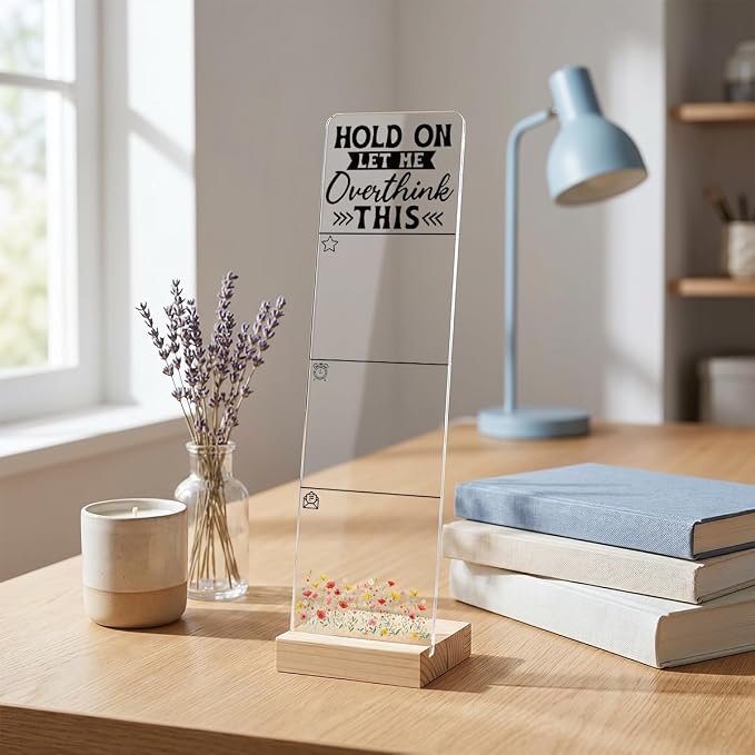 Sticky Note Holder, Monitor Memo Board, Acrylic Post It Note Holder with Wooden Base, Includes 200 Notes, Desk Organizer Overthink Quote
