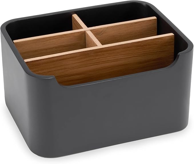 Remote Control Holder, Desk Organizer with Removable Dividers,Black | 5-compartment resin and wood organizer holds remotes, pens, glasses, and media devices for desk, coffee table, or nightstand