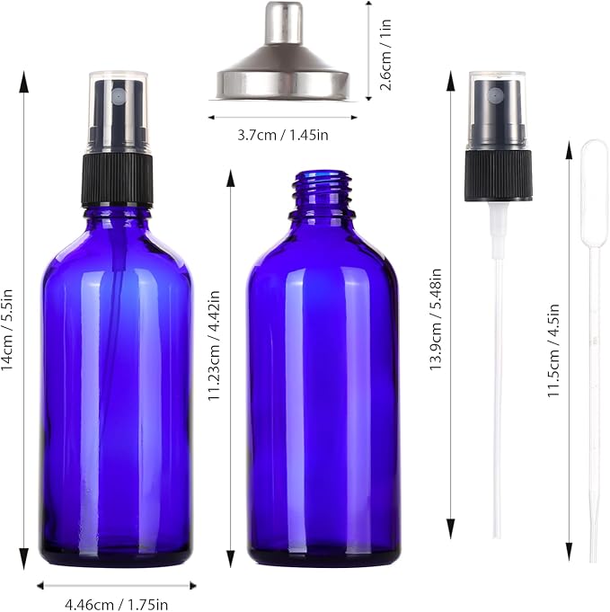 3.4 oz Glass Blue Spray Bottles,Small Empty Fine Mist Refillable Travel Spray Bottle for Cleaning,Perfume,Aromatherapy,Cosmetic Sprays,Hair,Essential Oils with Fine Mist Dispenser（3 Pack）