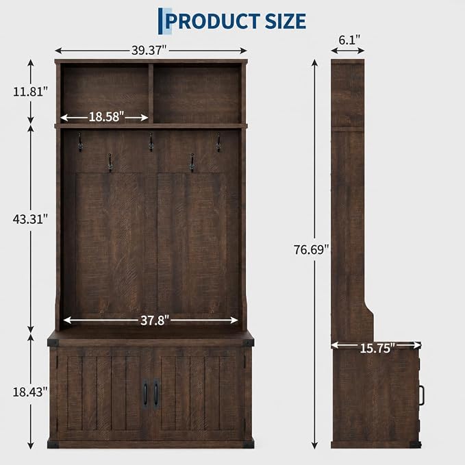Garvee 77" H Farmhouse Hall Tree with Bench & Shoe Storage, Coat Rack | Mudroom Storage with 5 Tri-Hooks, Enclosed Cabinet, Adjustable Shelf, 2 Top Cubbies, for Entryway, Space Saving, Rustic Brown