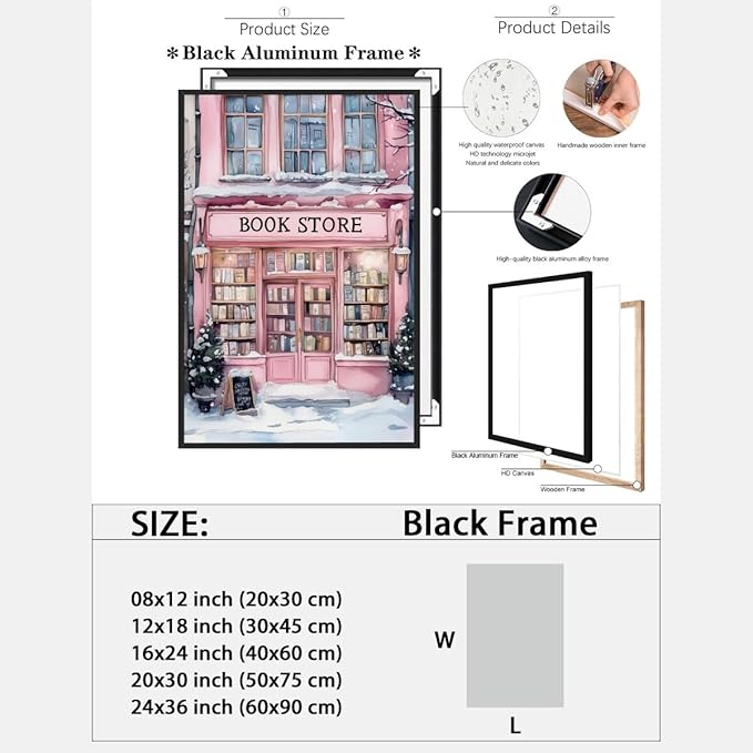 Winter Bookshop Snowy Art Aesthetic Poster Canvas Wall Art Decoration Living Room Home Decor Bedroom Decoration Poster black framed12x18inch