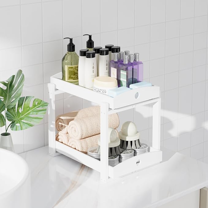 Bamboo Wood Under Sink Organizer 1 Pack, Pull Out Cabinet Organizer 2 Tier Under Sink Organizers and Storage with Sliding Drawer Sturdy Easy Assembly for Kitchen Bathroom Undersink (White, 2 Packs)