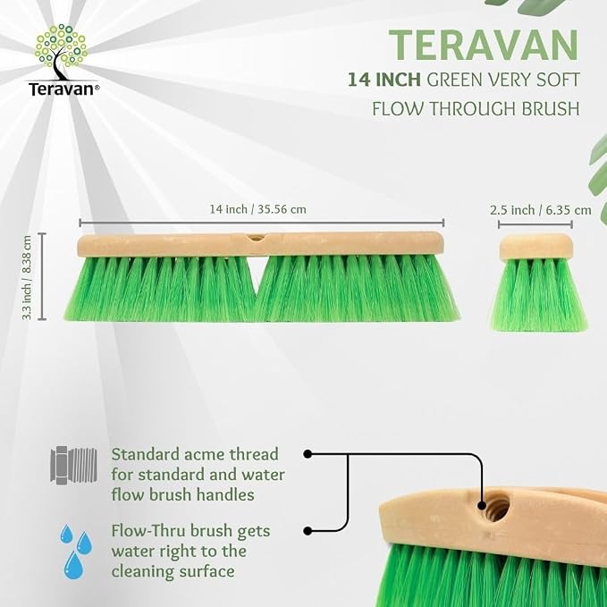 Teravan Green Flow Through Essential Flagged-End Brush Head, 14-Inch | Extra Soft Bristle Brush for Gentle Car Wash, RV, Boat, Window & Floor Cleaning, Compatible with Pole Handle