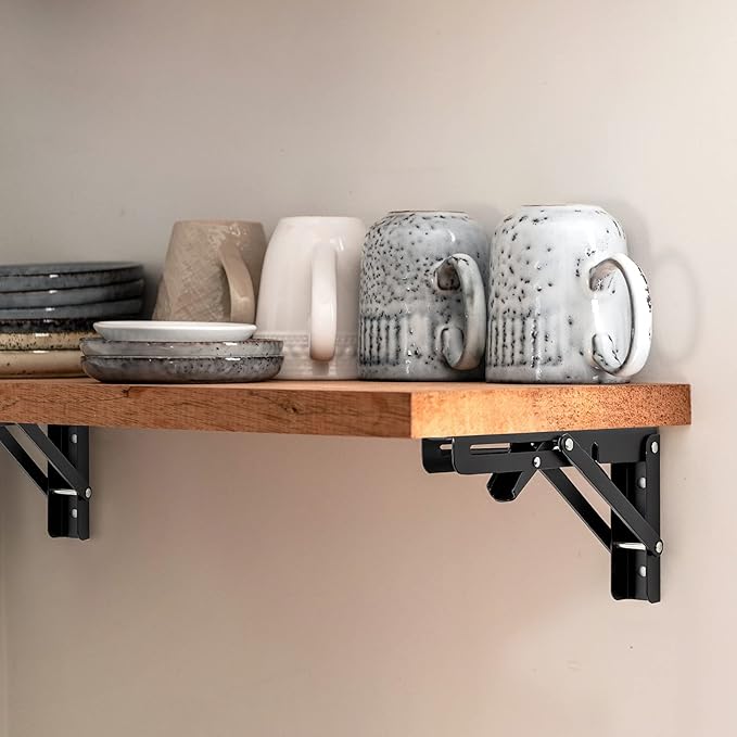 Ravinte Matte Black Folding Shelf Brackets, 16 Inch, 2 Pack | Collapsible Bracket Design, Table And Bench Support, Space-Saving Shelf Setup, For Worktops, Laundry Rooms, Garage Projects