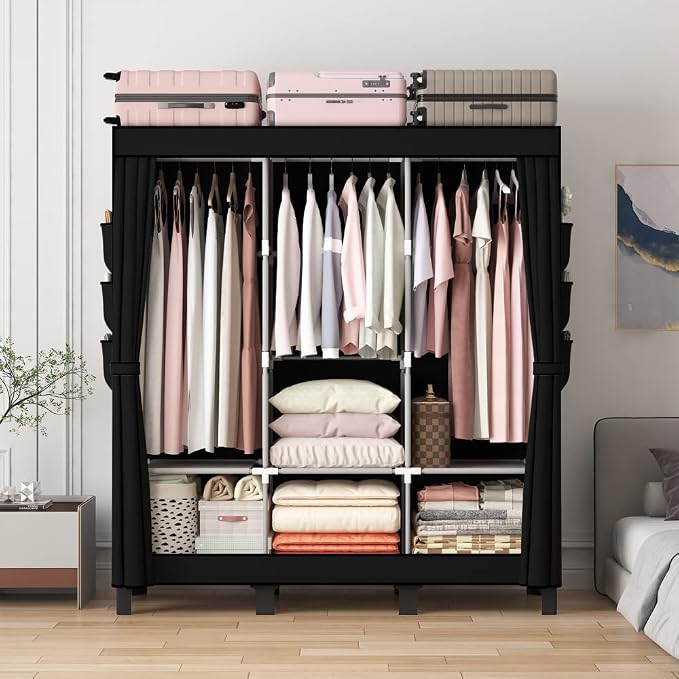Portable Closet, 51.18" Large Capacity Clothing Storage Organizer with 3 Hanging Rods 6 Shelves 18 Side Pockets, Dustproof Sturdy Wardrobe for Bedroom Dorm Rental Apartment(Black, Large)