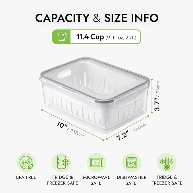 carrotez 11.4 Cup Produce Saver Container for Fridge with Colander 2.7L | Airtight Fruit & Vegetable Storage Bin, Removable Strainer Basket, BPA-Free, Stackable, White Colander